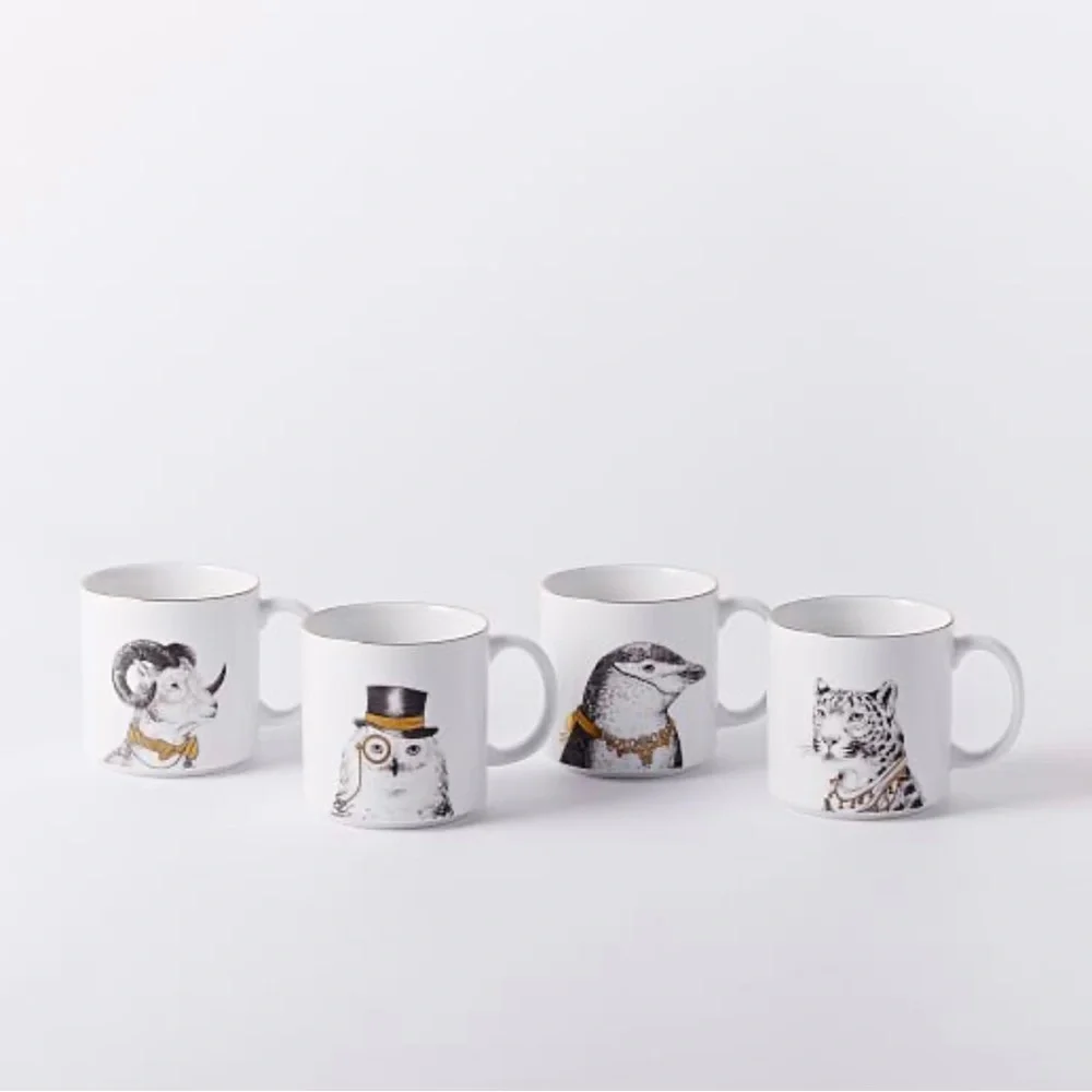 WEST ELM Gilded Dapper Animal Complete Mug Set of (4)